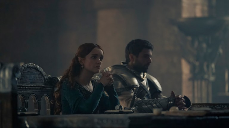 Alicent Hightower (Olivia Cooke) and Ser Criston Cole (Fabien Frankel) sit at the High Council table in episode 6 of House of the Dragon